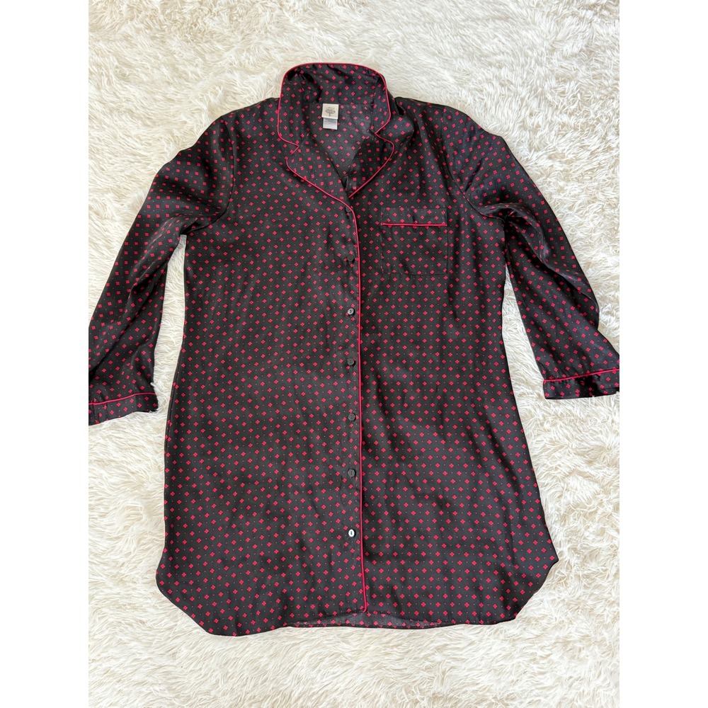 In Bloom Black & Red Polka Dot Print Button Down Pajama‎ Sleep Shirt Large